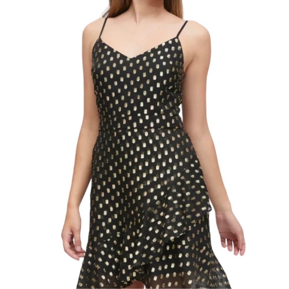 Banana Republic Strappy Ruffle Metallic Gold Dot cocktail dress